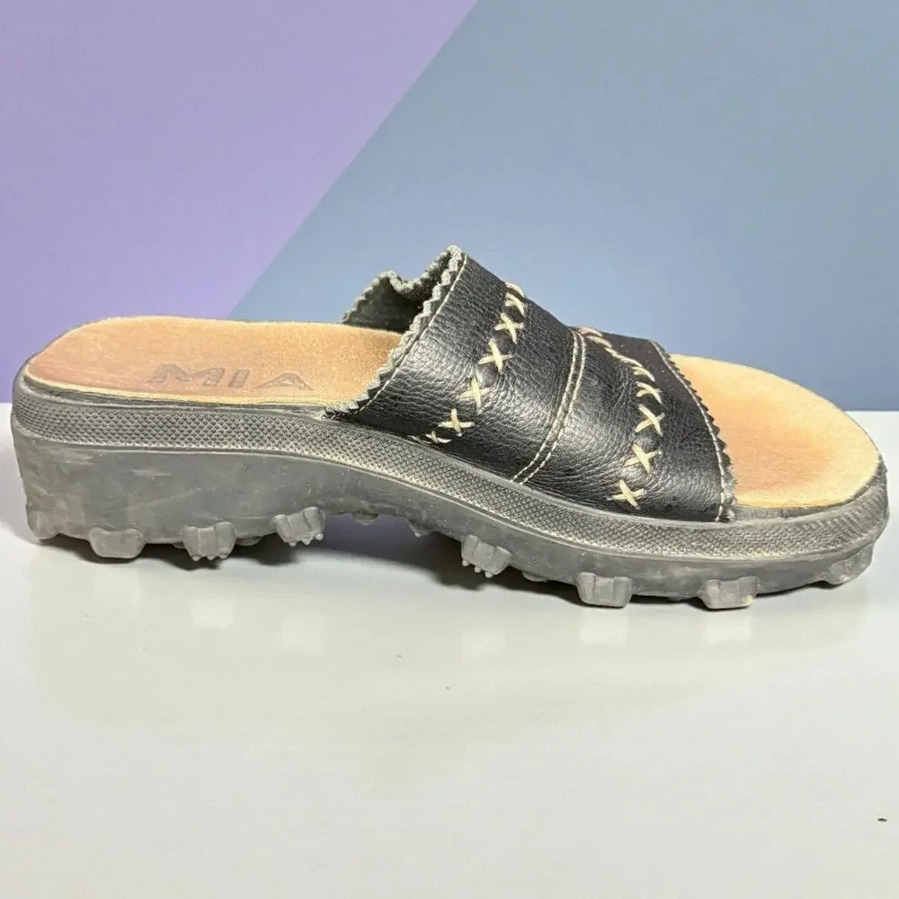 MIA Y2K Chunky Platform Sandals Black Leather Womens 7 Lug Sole Retro Slides